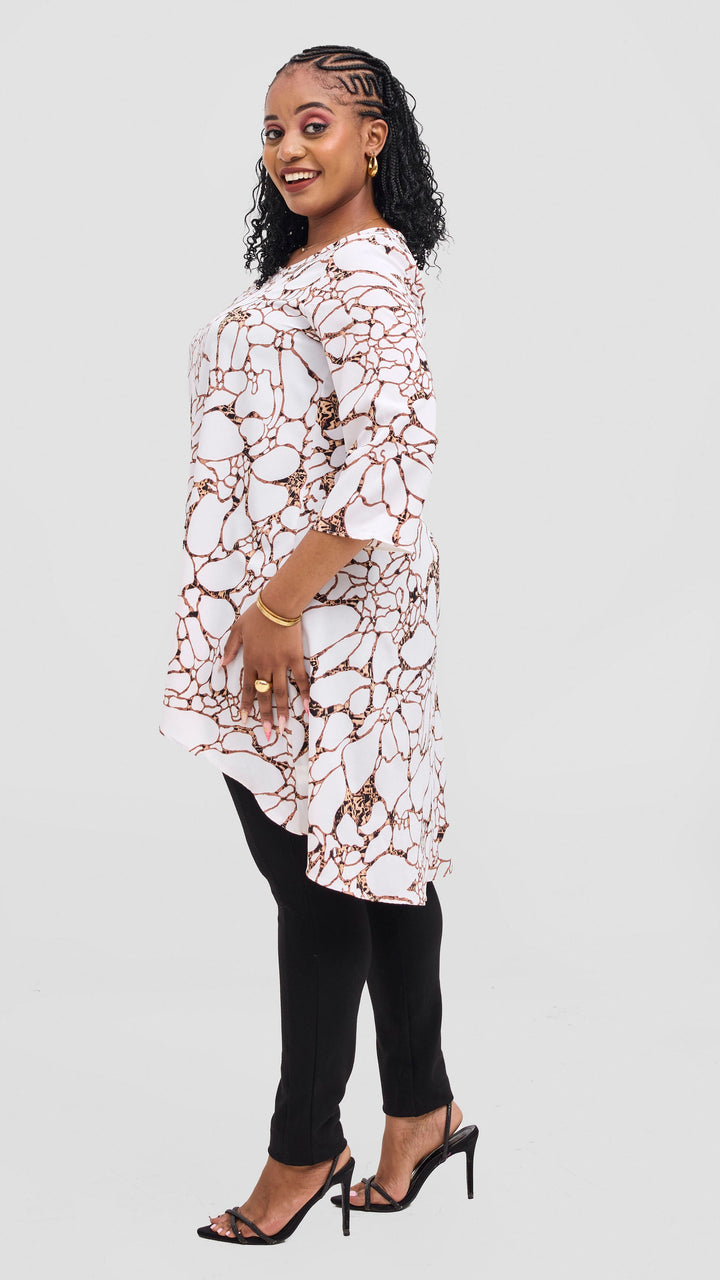 Vivo Maisha 3/4 Sleeve High Low Top - Off White / Dark Peach Print
