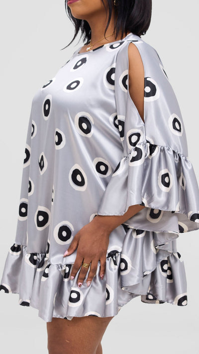 Vivo Chidii Tunic Dress With Frills - Grey / White Print - Shopzetu