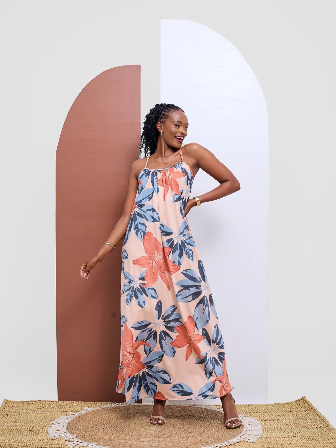 Vivo Sarabi Strappy Low Back Maxi Dress - Teal / Hot pink Kira Print - Shopzetu
