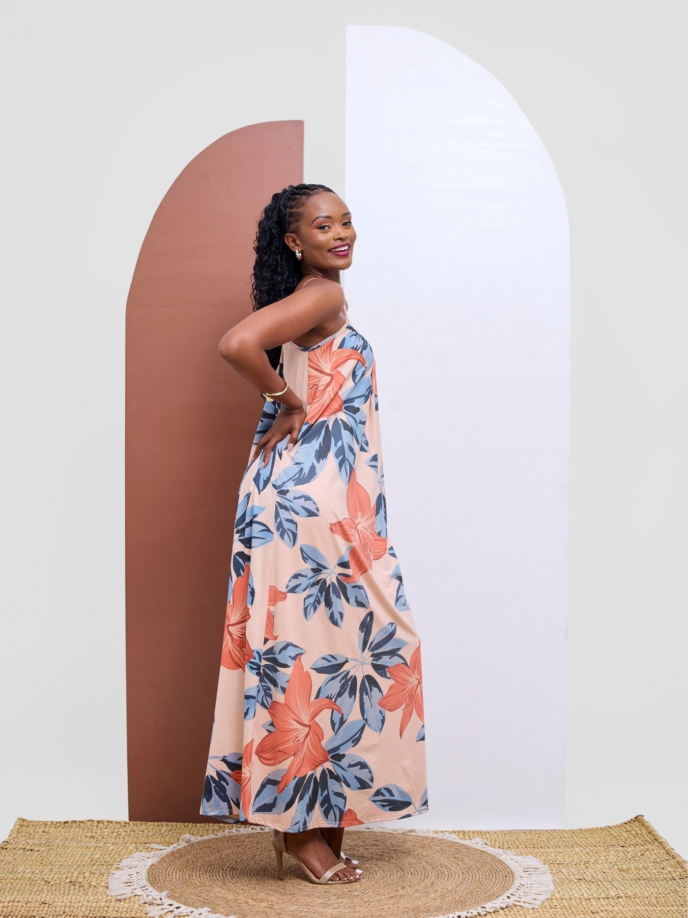 Vivo Sarabi Strappy Low Back Maxi Dress - Teal / Hot pink Kira Print - Shopzetu