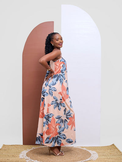 Vivo Sarabi Strappy Low Back Maxi Dress - Teal / Hot pink Kira Print - Shopzetu