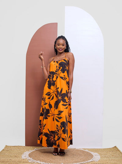Vivo Sarabi Strappy Low Back Maxi Dress - Orange / Black Print - Shopzetu