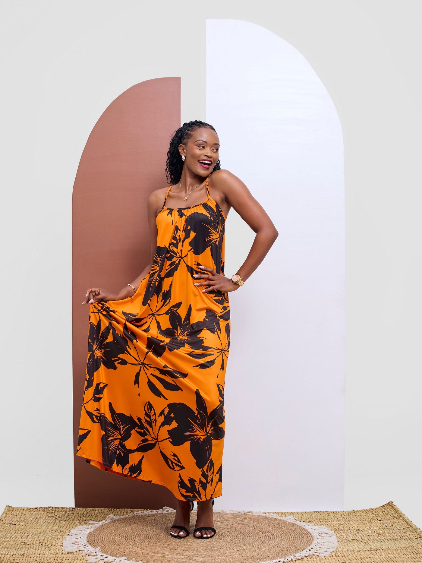 Vivo Sarabi Strappy Low Back Maxi Dress - Orange / Black Print
