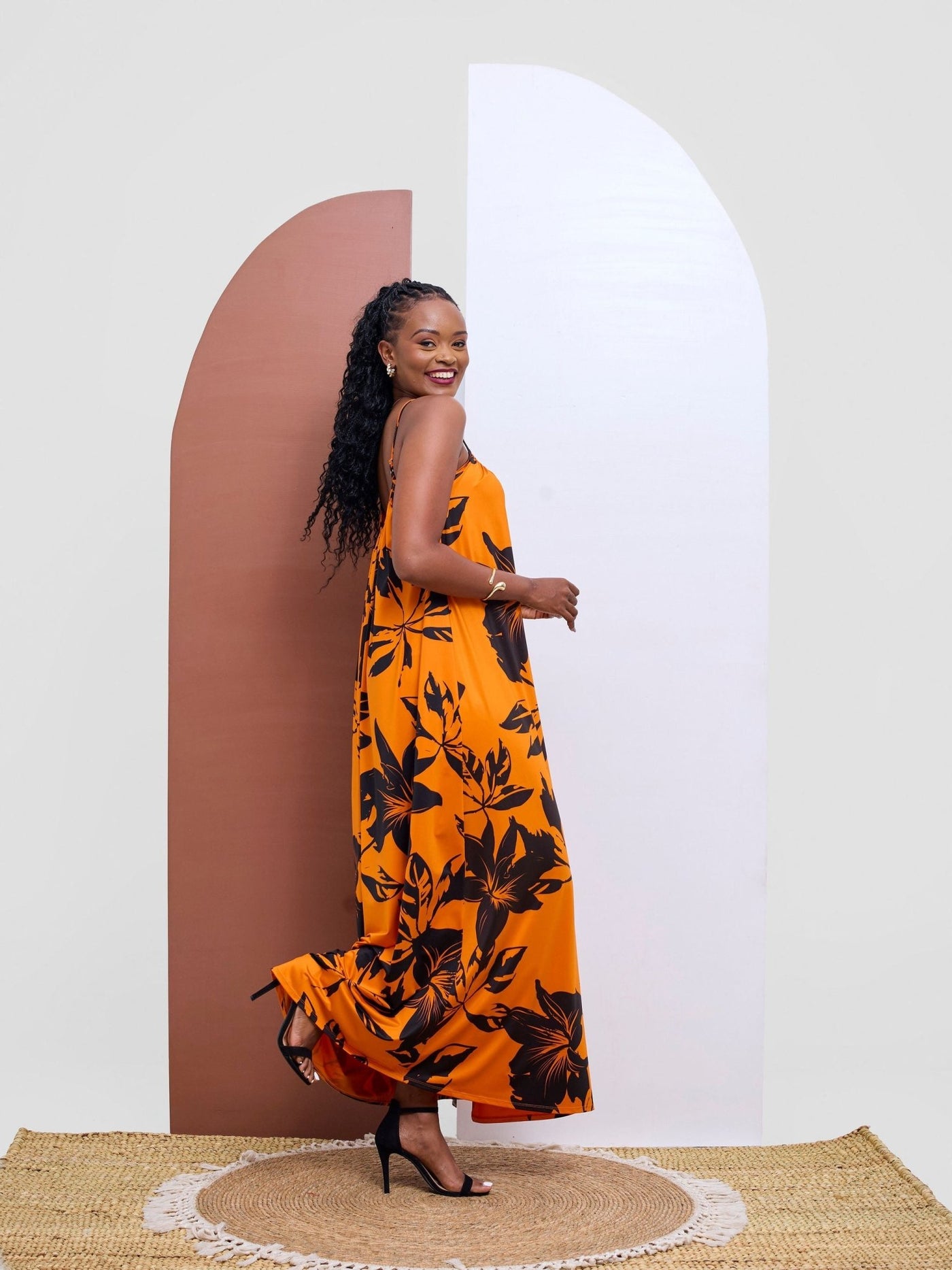 Vivo Sarabi Strappy Low Back Maxi Dress - Orange / Black Print - Shopzetu