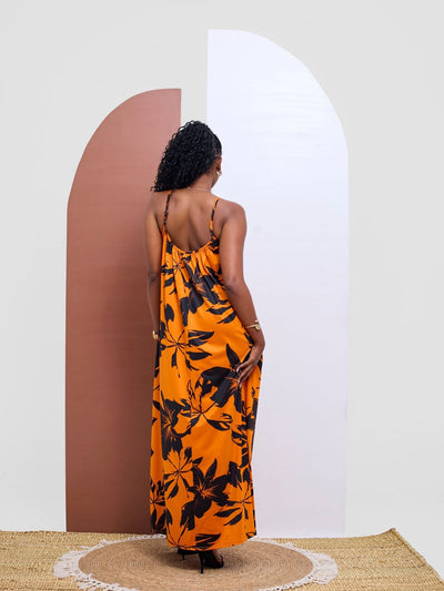 Vivo Sarabi Strappy Low Back Maxi Dress - Orange / Black Print - Shopzetu