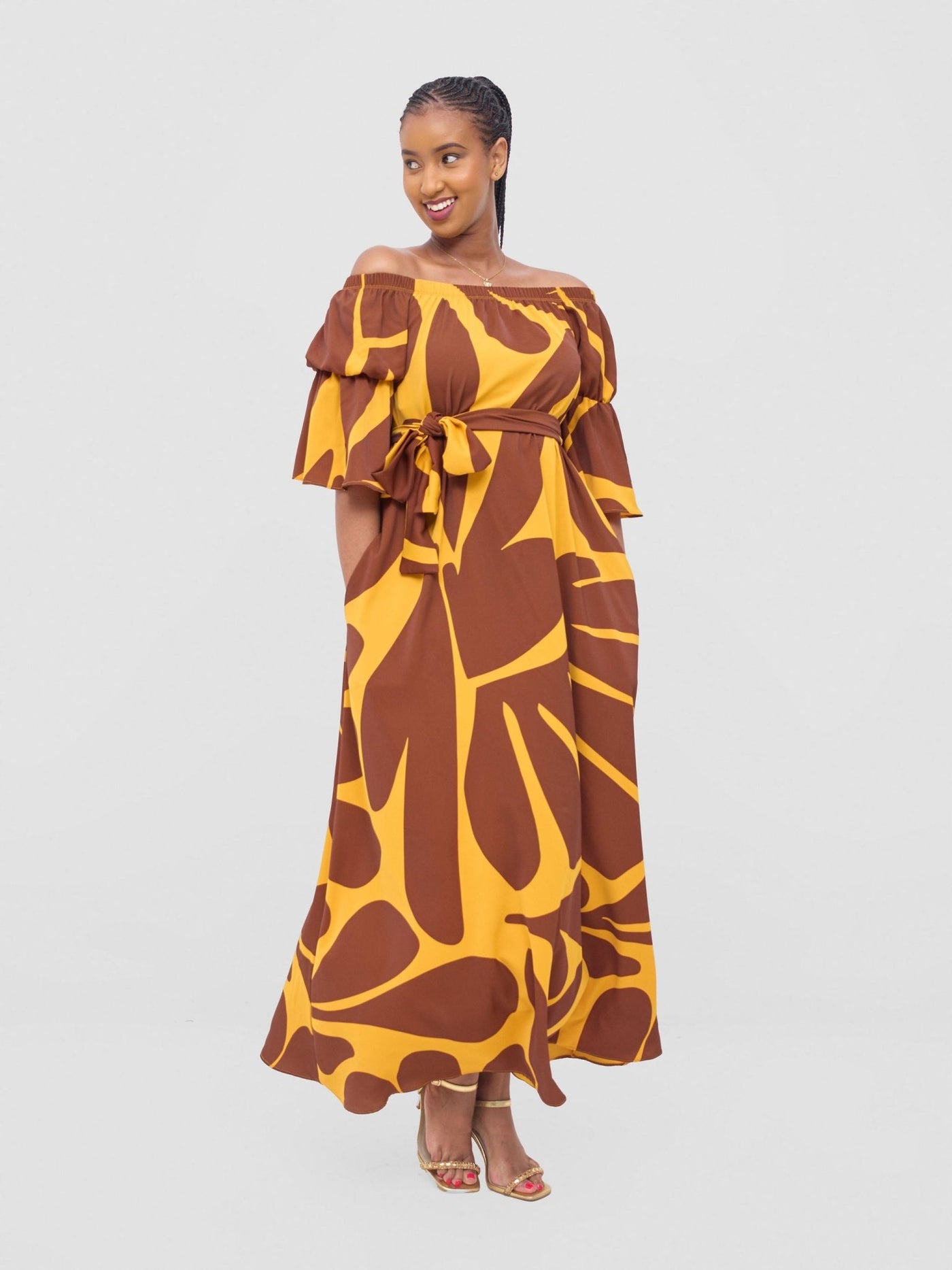 Vivo Tana Off Shoulder Maxi Dress - Mustard / Brown Amari Print - Shopzetu