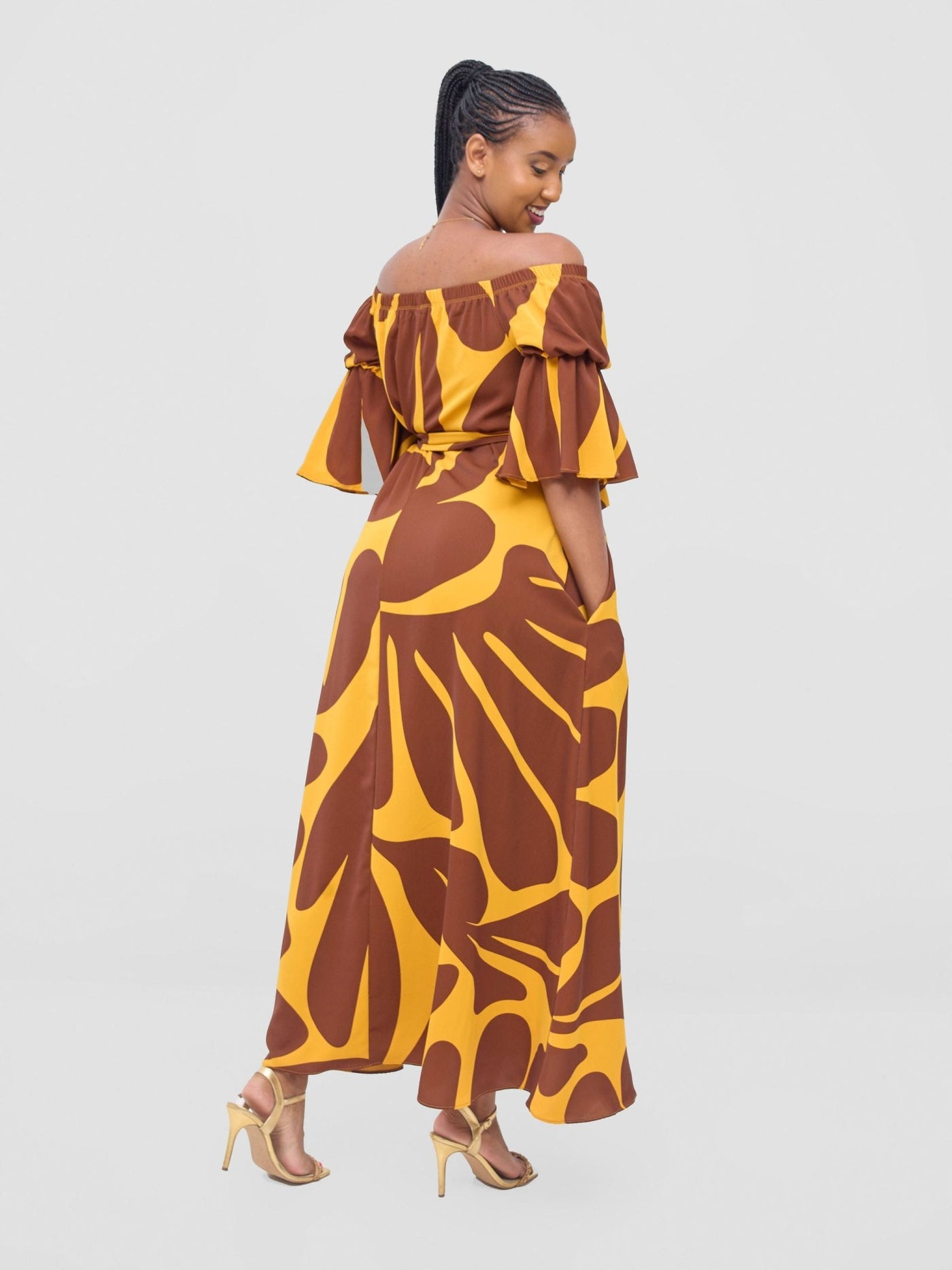 Vivo Tana Off Shoulder Maxi Dress - Mustard / Brown Amari Print - Shopzetu