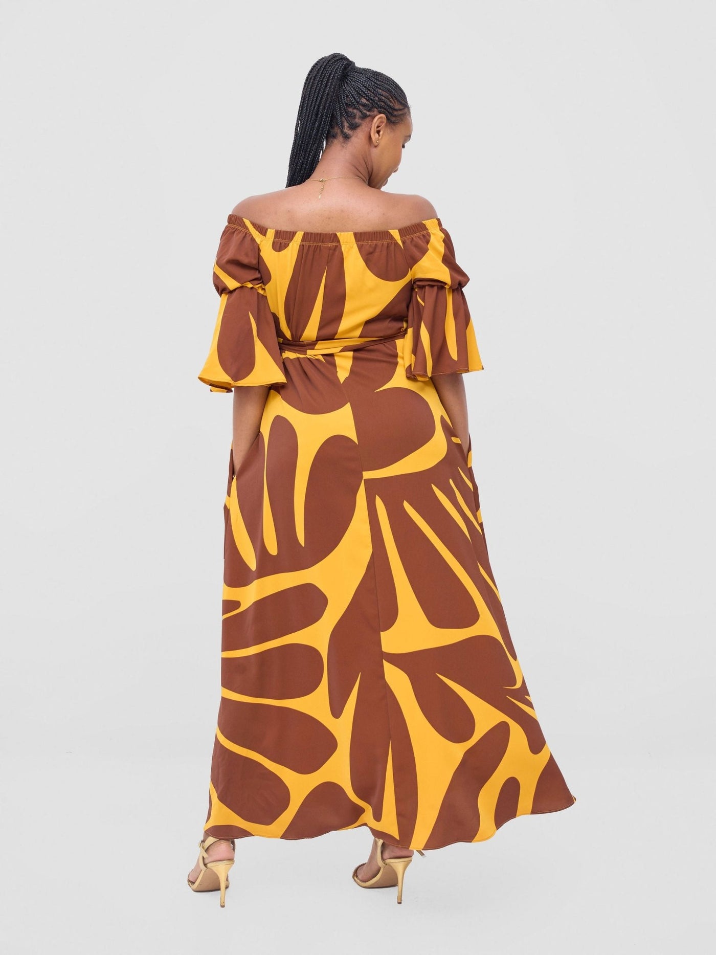 Vivo Tana Off Shoulder Maxi Dress - Mustard / Brown Amari Print - Shopzetu