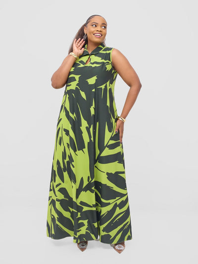 Vivo Asha Sleeveless Maxi Dress - Lime / Dark Navy Eta Print - Shopzetu