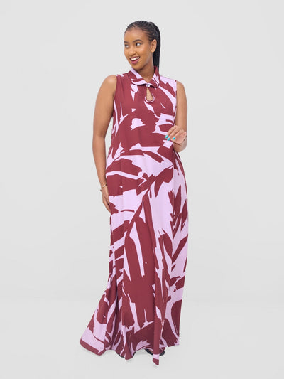Vivo Asha Sleeveless Maxi Dress - Pink / Burgandy Eta Print - Shopzetu