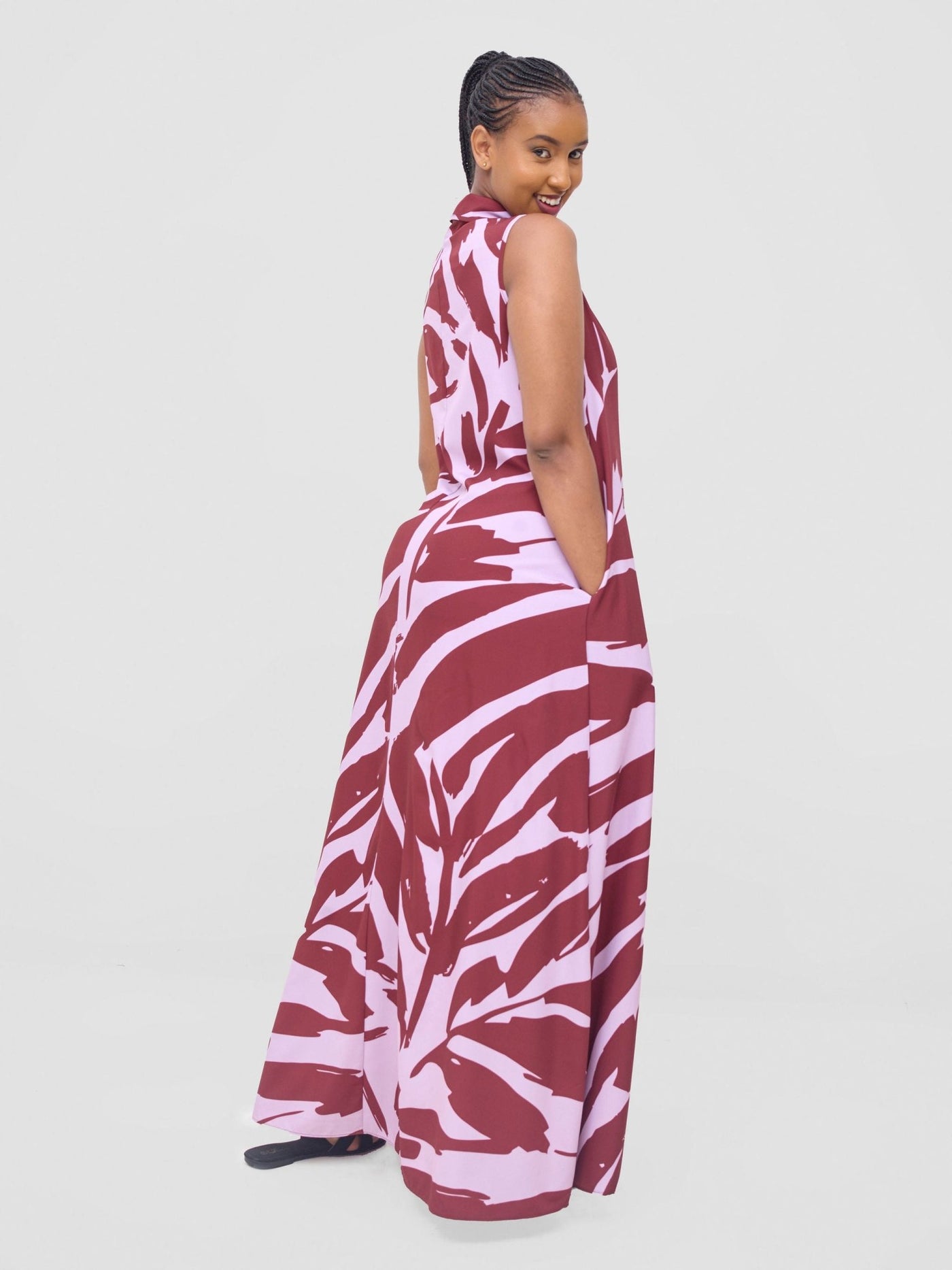 Vivo Asha Sleeveless Maxi Dress - Pink / Burgandy Eta Print - Shopzetu