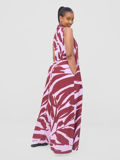 Vivo Asha Sleeveless Maxi Dress - Pink / Burgandy Eta Print - Shopzetu
