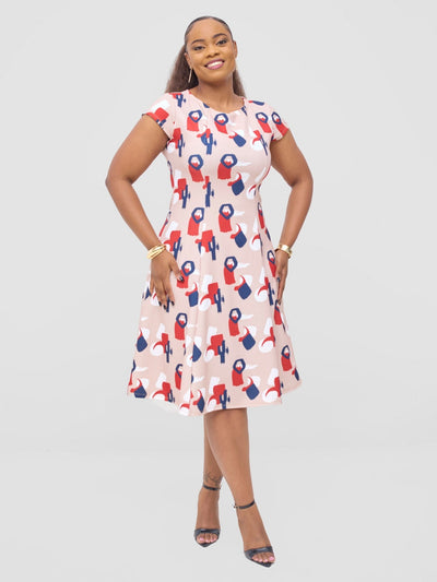 Vivo Basic Escape A - Line Dress - Taupe / Burgundy Esai Print - Shopzetu