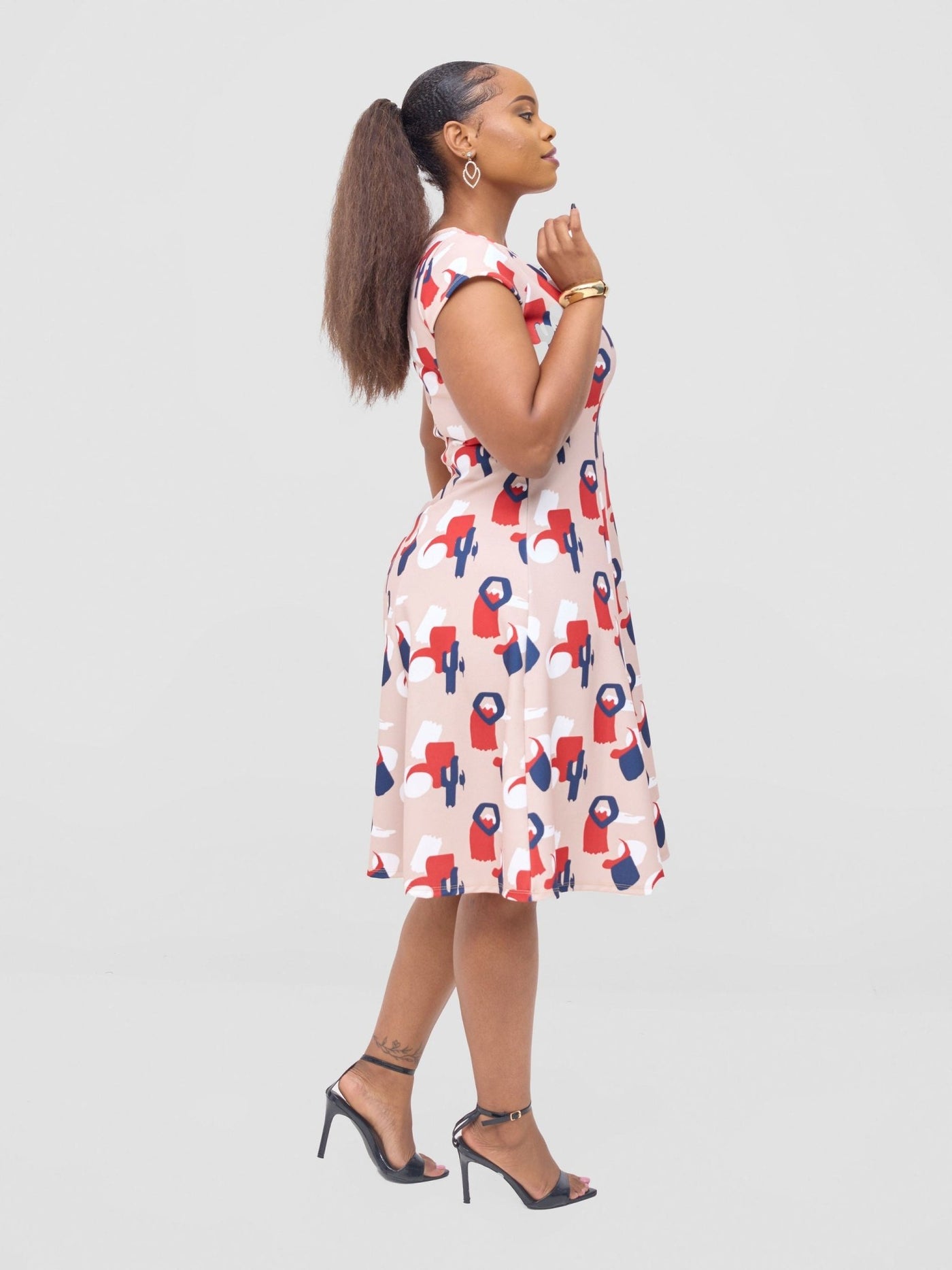 Vivo Basic Escape A - Line Dress - Taupe / Burgundy Esai Print - Shopzetu