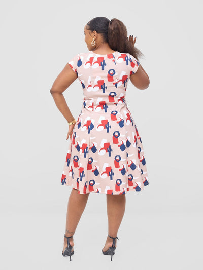 Vivo Basic Escape A - Line Dress - Taupe / Burgundy Esai Print - Shopzetu