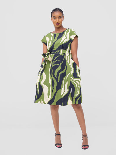 Vivo Basic Cap Sleeve Knee Length Tent Dress -Olive / Black Capi Print