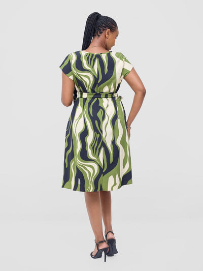 Vivo Basic Cap Sleeve Knee Length Tent Dress - Olive / Black Capi Print - Shopzetu