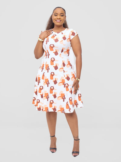 Vivo Basic Escape A - Line Dress - White / Orange Esai Print - Shopzetu
