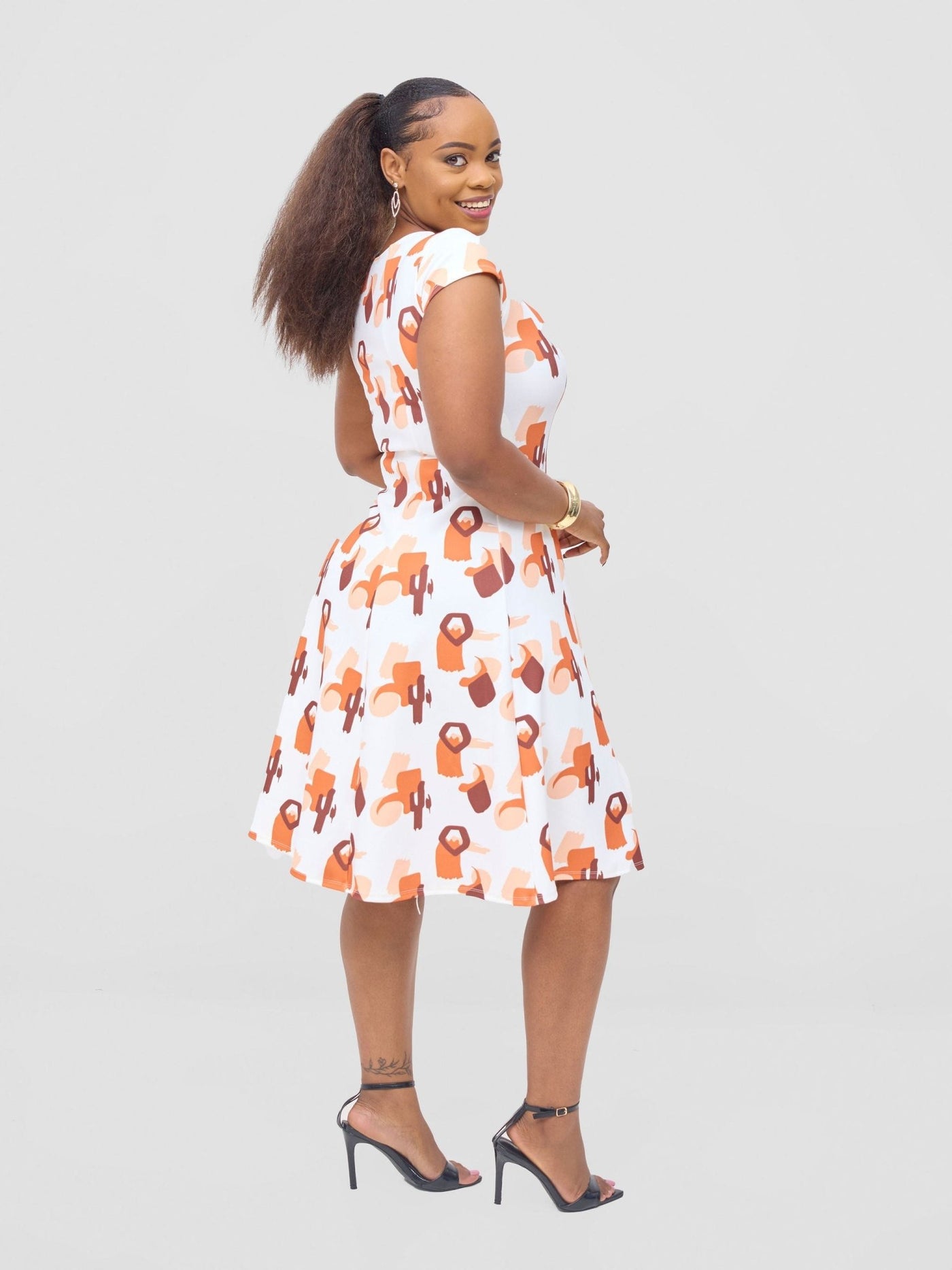 Vivo Basic Escape A - Line Dress - White / Orange Esai Print - Shopzetu