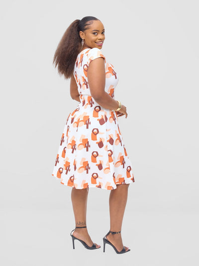 Vivo Basic Escape A - Line Dress - White / Orange Esai Print - Shopzetu