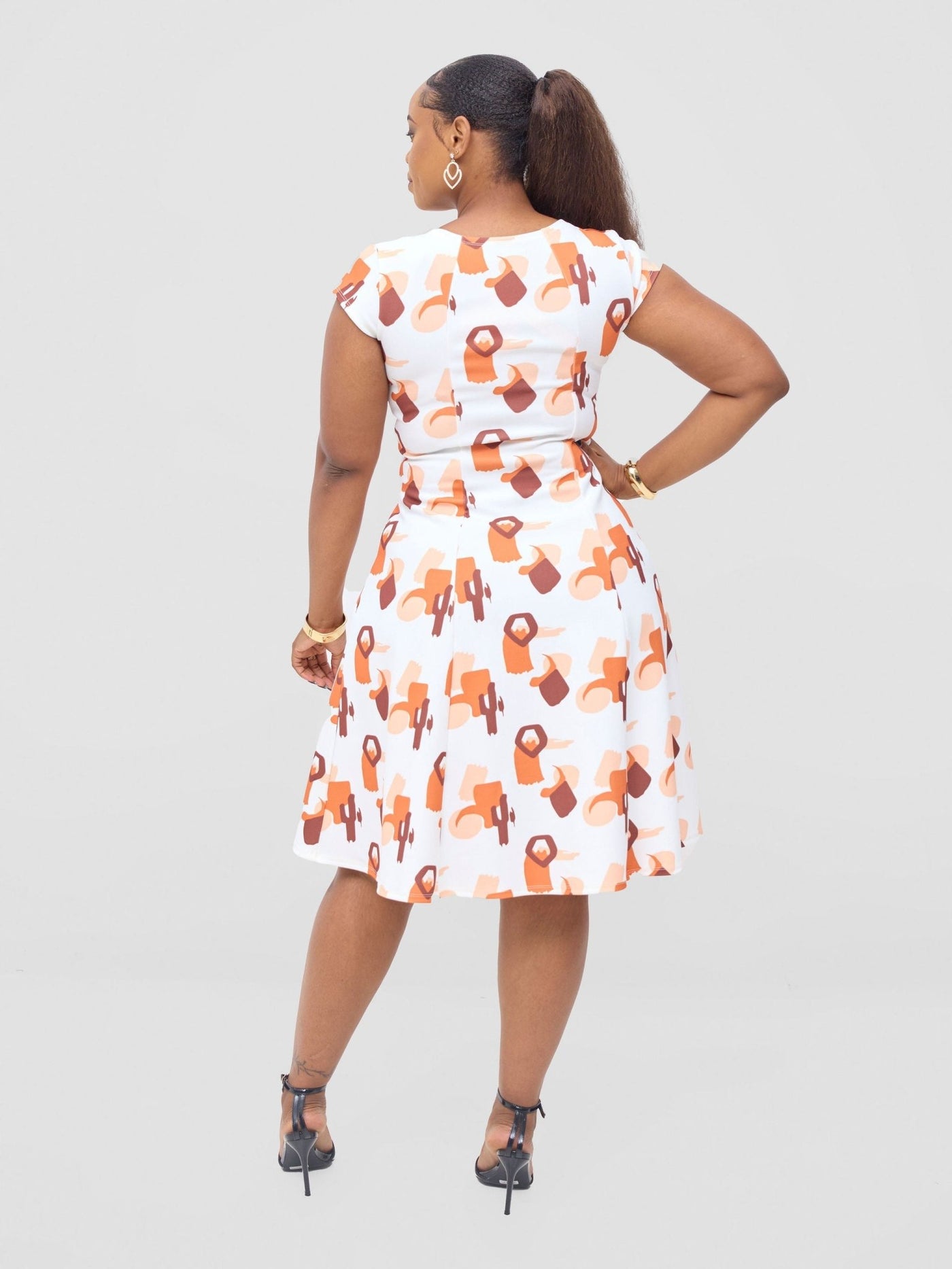 Vivo Basic Escape A - Line Dress - White / Orange Esai Print - Shopzetu