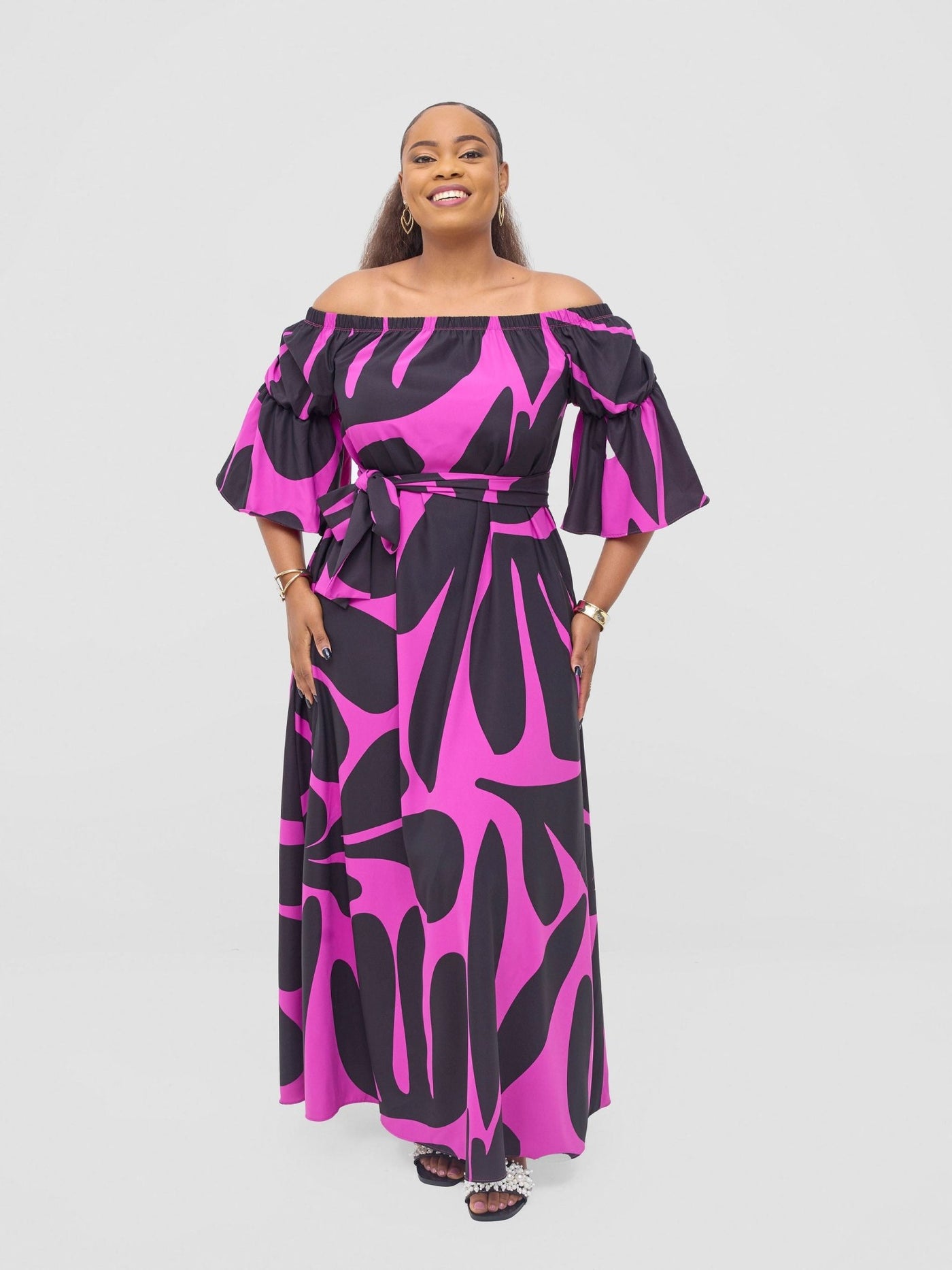 Vivo Tana Off Shoulder Maxi Dress - Magenta / Black Amari Print - Shopzetu