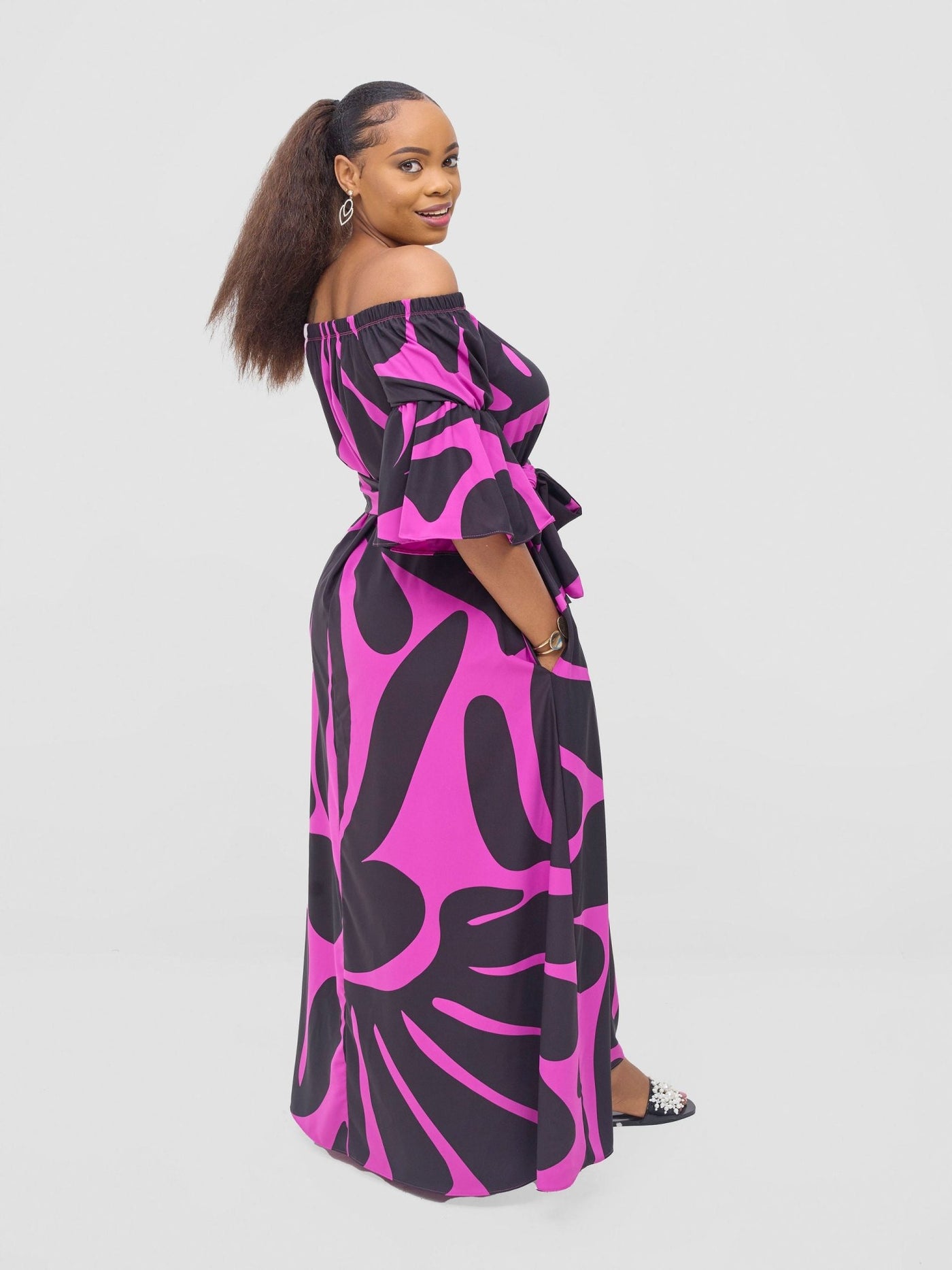 Vivo Tana Off Shoulder Maxi Dress - Magenta / Black Amari Print - Shopzetu