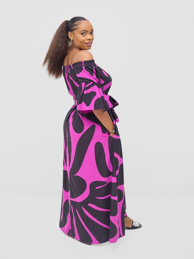 Vivo Tana Off Shoulder Maxi Dress - Magenta / Black Amari Print - Shopzetu