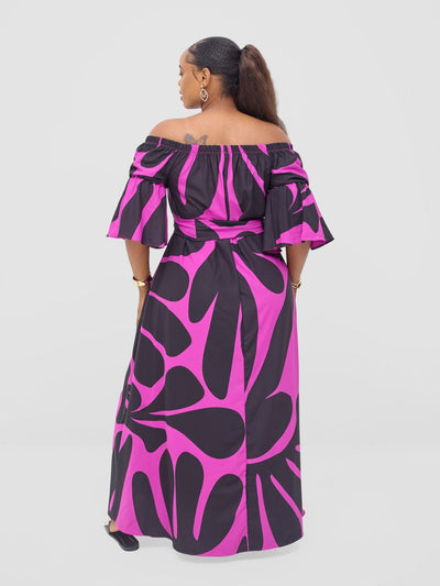 Vivo Tana Off Shoulder Maxi Dress - Magenta / Black Amari Print - Shopzetu