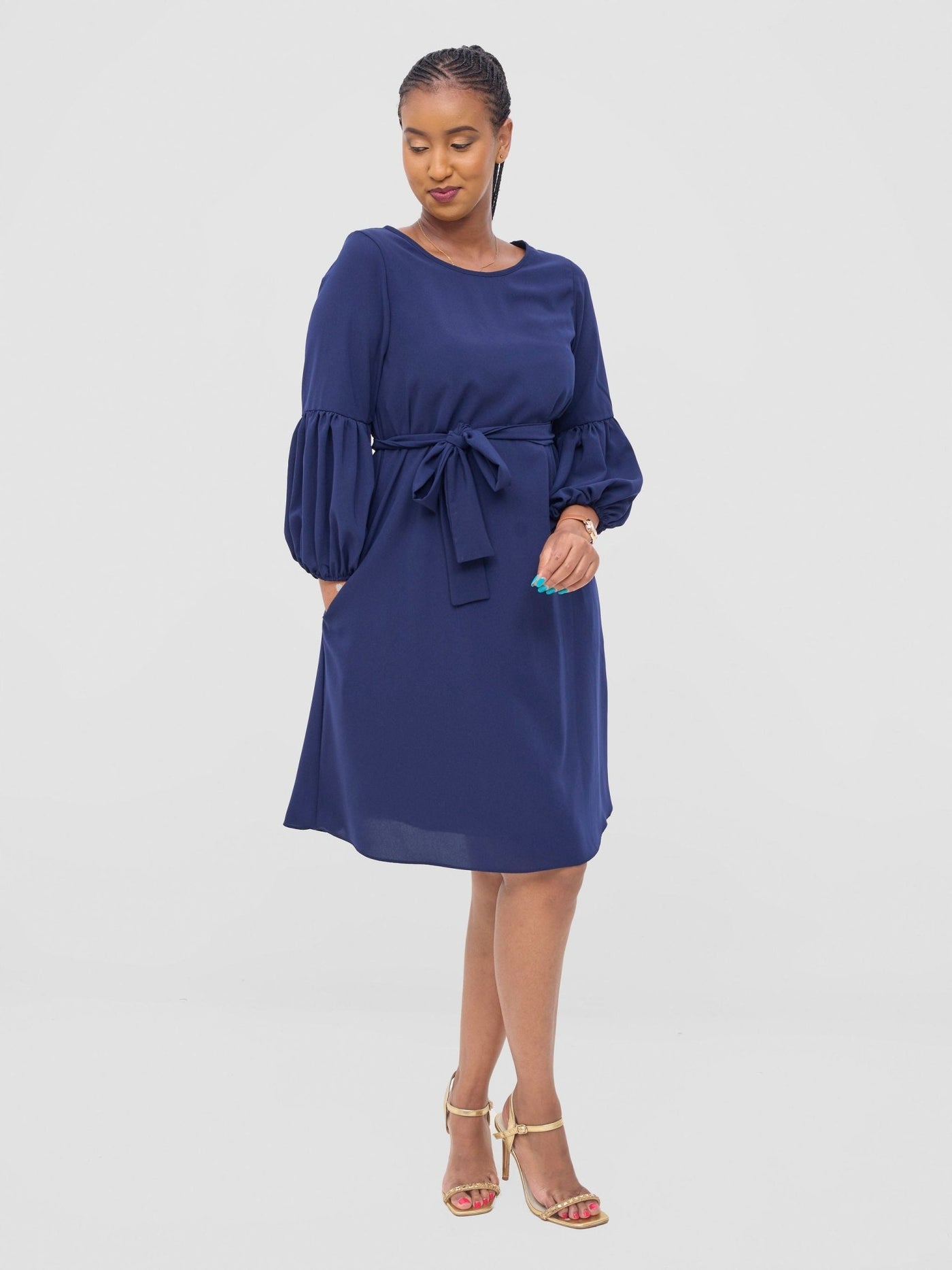 Vivo Zena Bishop Panel Long Sleeve Round Neck Dress - Dark Navy Blue - Shopzetu