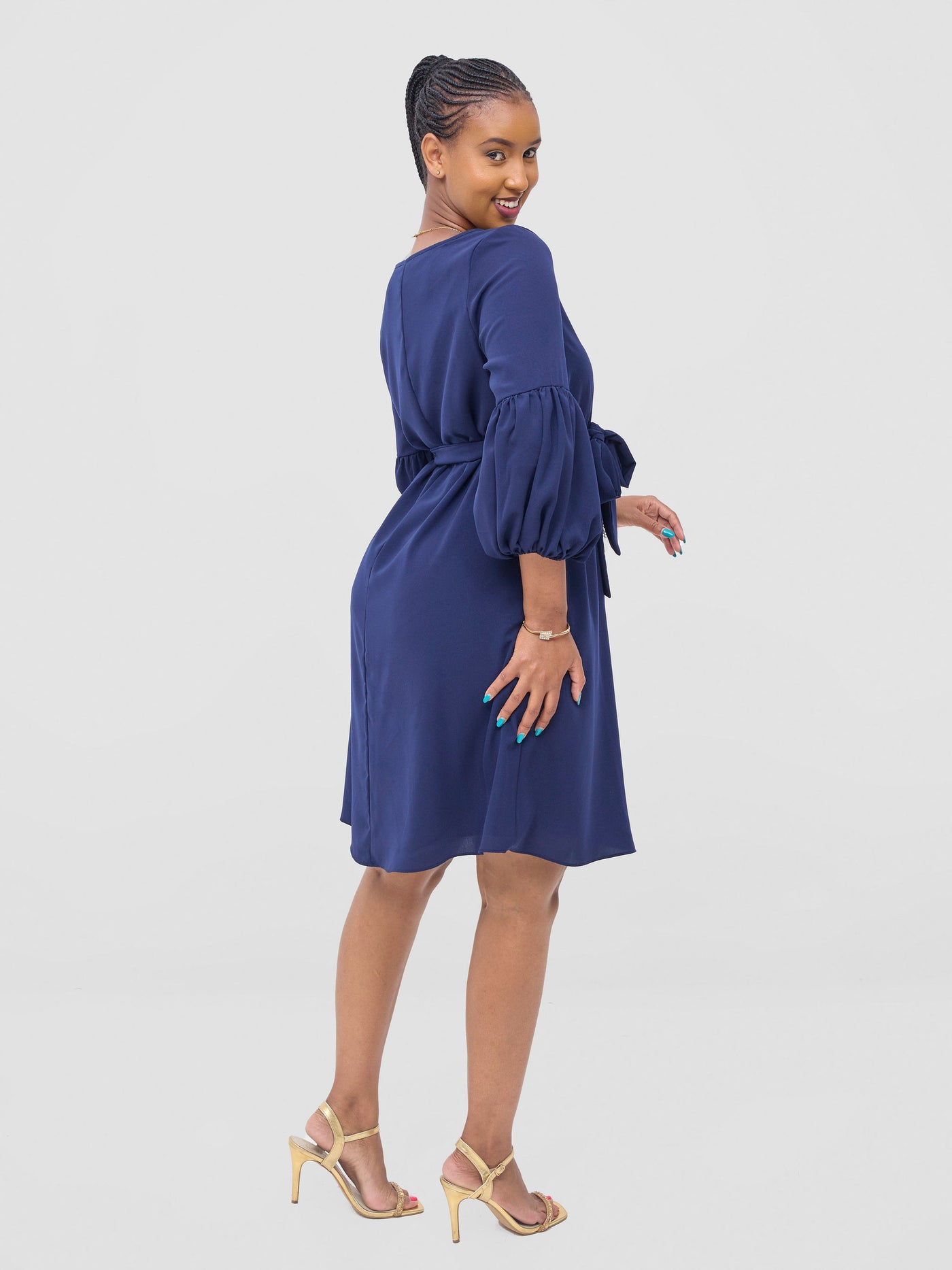 Vivo Zena Bishop Panel Long Sleeve Round Neck Dress - Dark Navy Blue