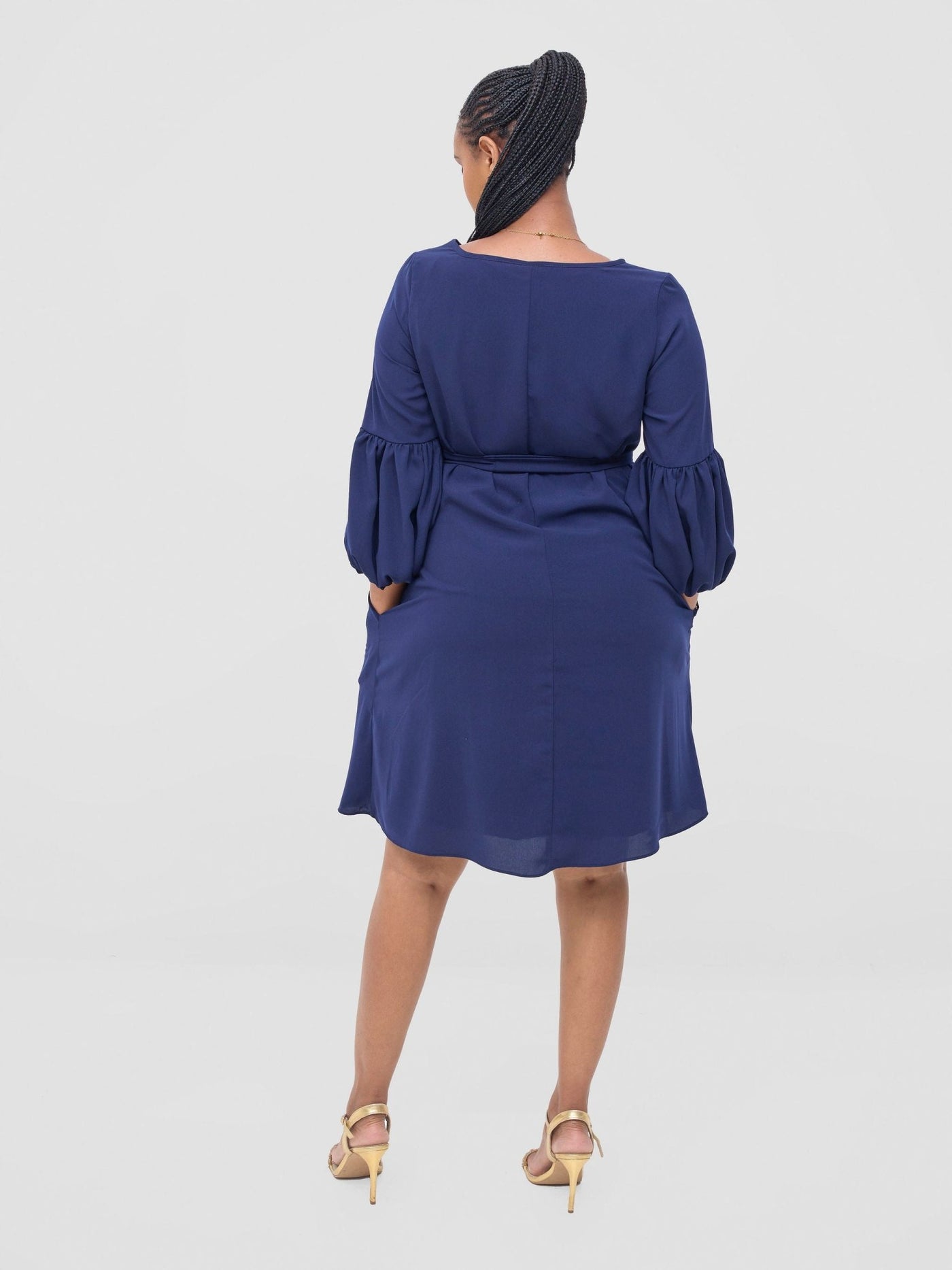 Vivo Zena Bishop Panel Long Sleeve Round Neck Dress - Dark Navy Blue - Shopzetu