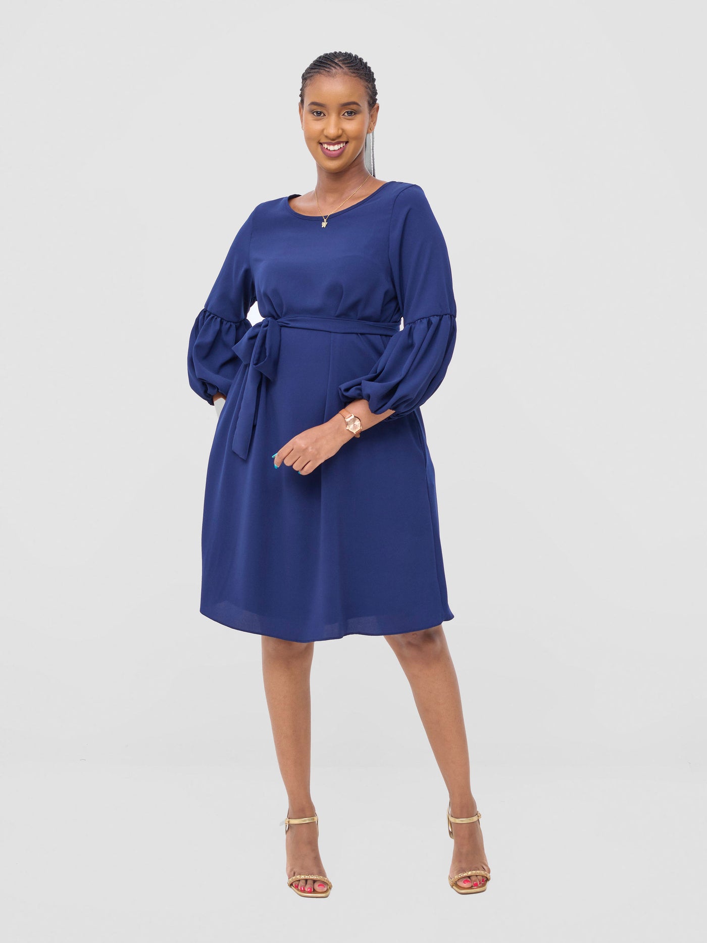 Vivo Zena Bishop Panel Long Sleeve Round Neck Dress - Light Navy Blue
