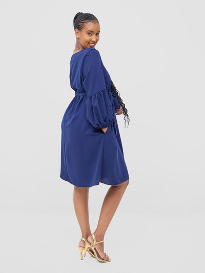 Vivo Zena Bishop Panel Long Sleeve Round Neck Dress - Light Navy Blue - Shopzetu