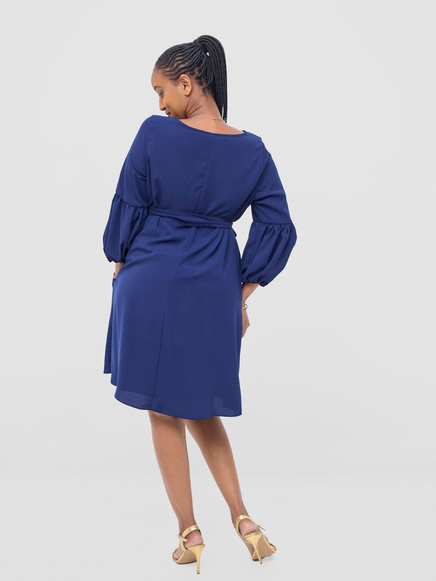 Vivo Zena Bishop Panel Long Sleeve Round Neck Dress - Light Navy Blue - Shopzetu