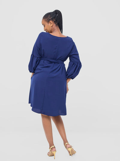Vivo Zena Bishop Panel Long Sleeve Round Neck Dress - Light Navy Blue - Shopzetu