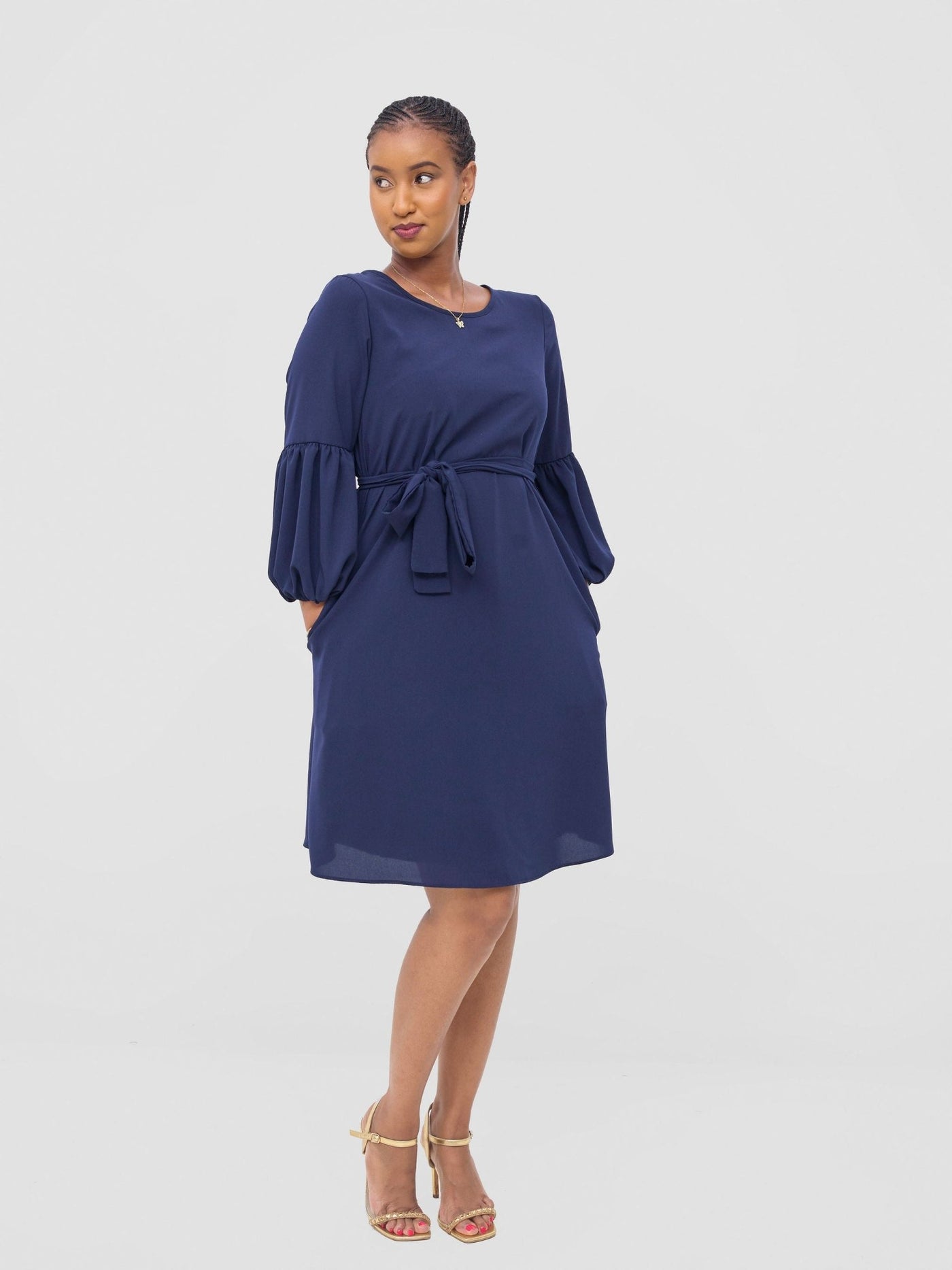 Vivo Zena Bishop Panel Long Sleeve Round Neck Dress - Navy Blue - Shopzetu