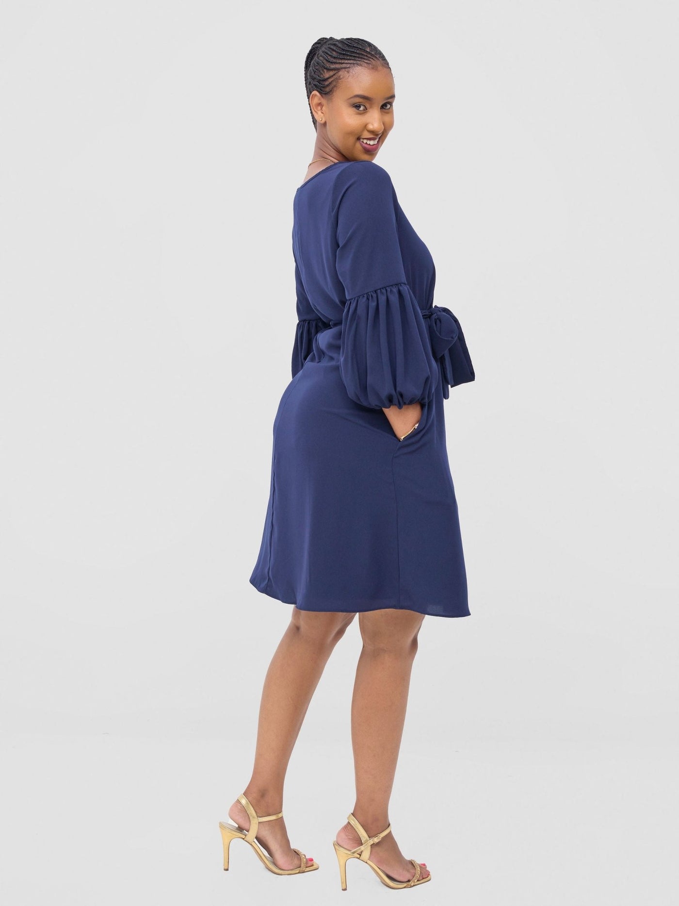 Vivo Zena Bishop Panel Long Sleeve Round Neck Dress - Navy Blue - Shopzetu