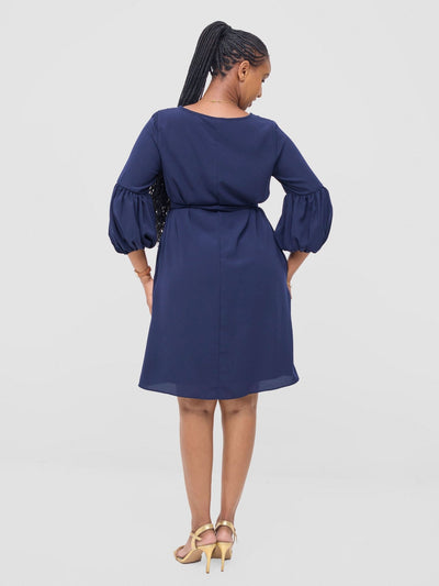 Vivo Zena Bishop Panel Long Sleeve Round Neck Dress - Navy Blue - Shopzetu