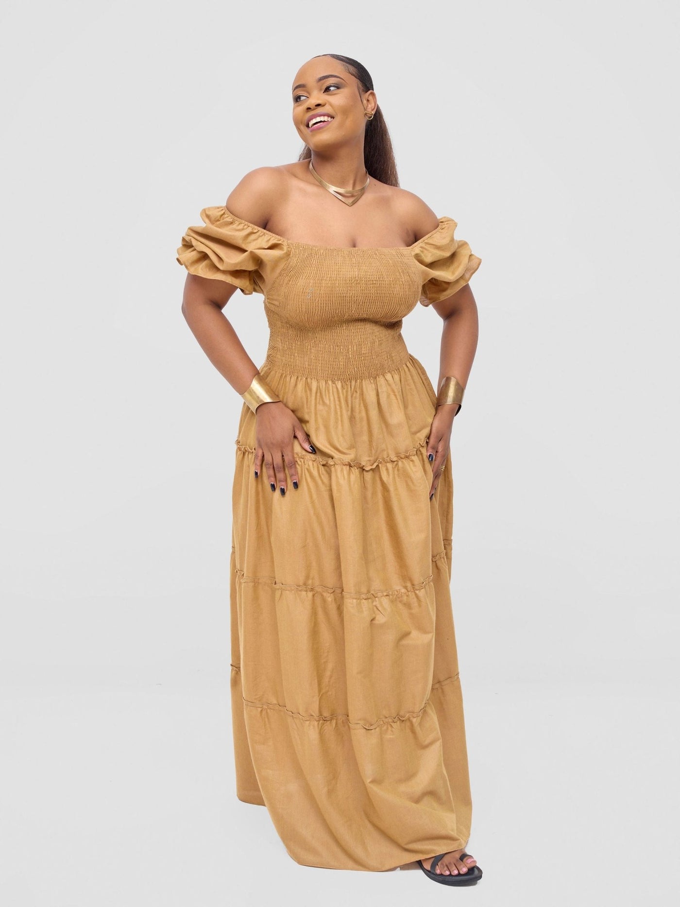 Safari Kikoy Shirred Top Maxi Dress - Gold - Shopzetu