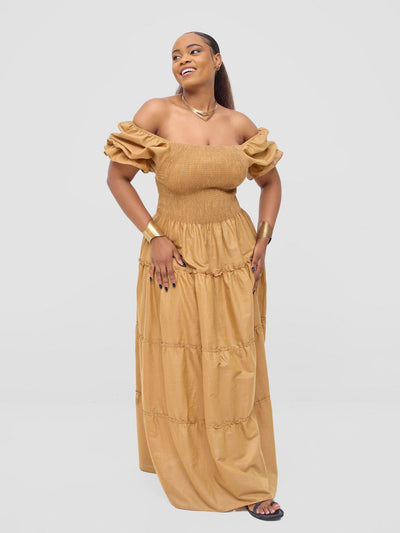 Safari Kikoy Shirred Top Maxi Dress - Gold - Shopzetu