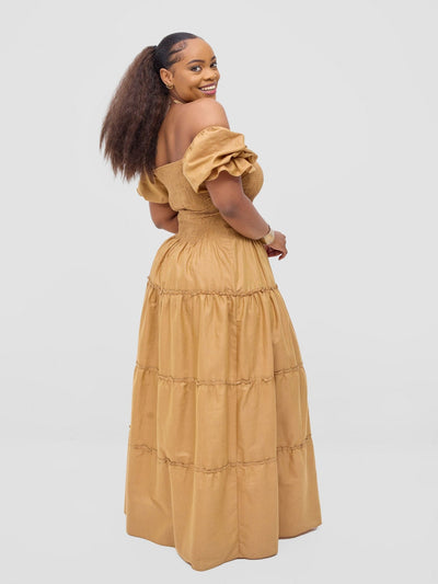 Safari Kikoy Shirred Top Maxi Dress - Gold - Shopzetu