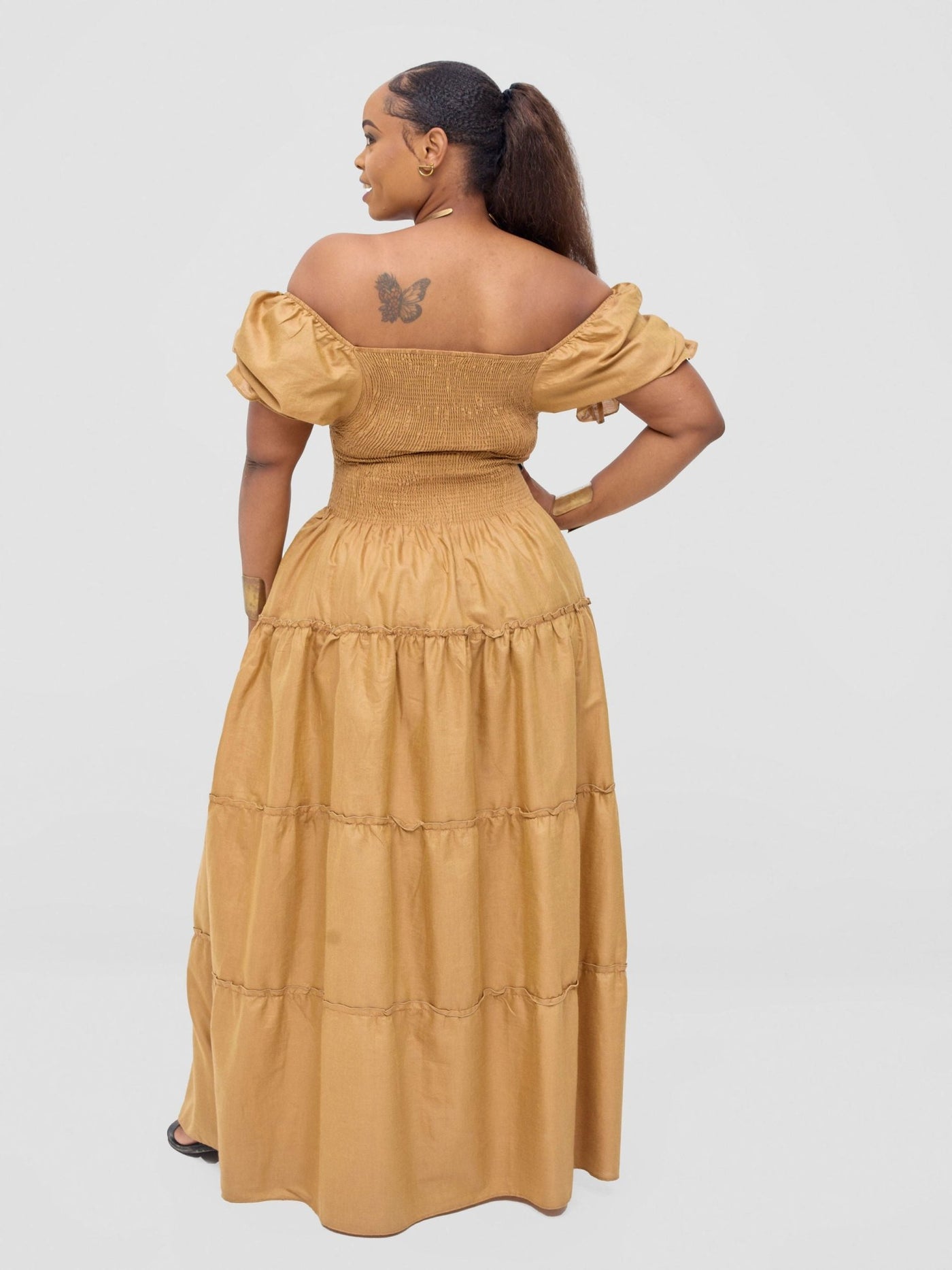 Safari Kikoy Shirred Top Maxi Dress - Gold - Shopzetu