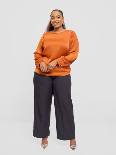 Vivo Tatili Satin Bishop Long Sleeve Top - Rust Textured - Shopzetu