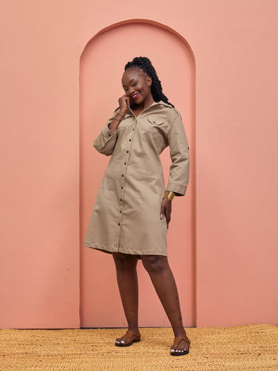 Safari Chui 3/4 Sleeve A - Line Dress - Taupe - Shopzetu