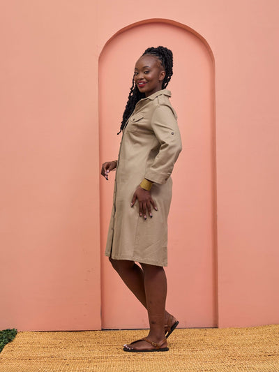 Safari Chui 3/4 Sleeve A - Line Dress - Taupe - Shopzetu