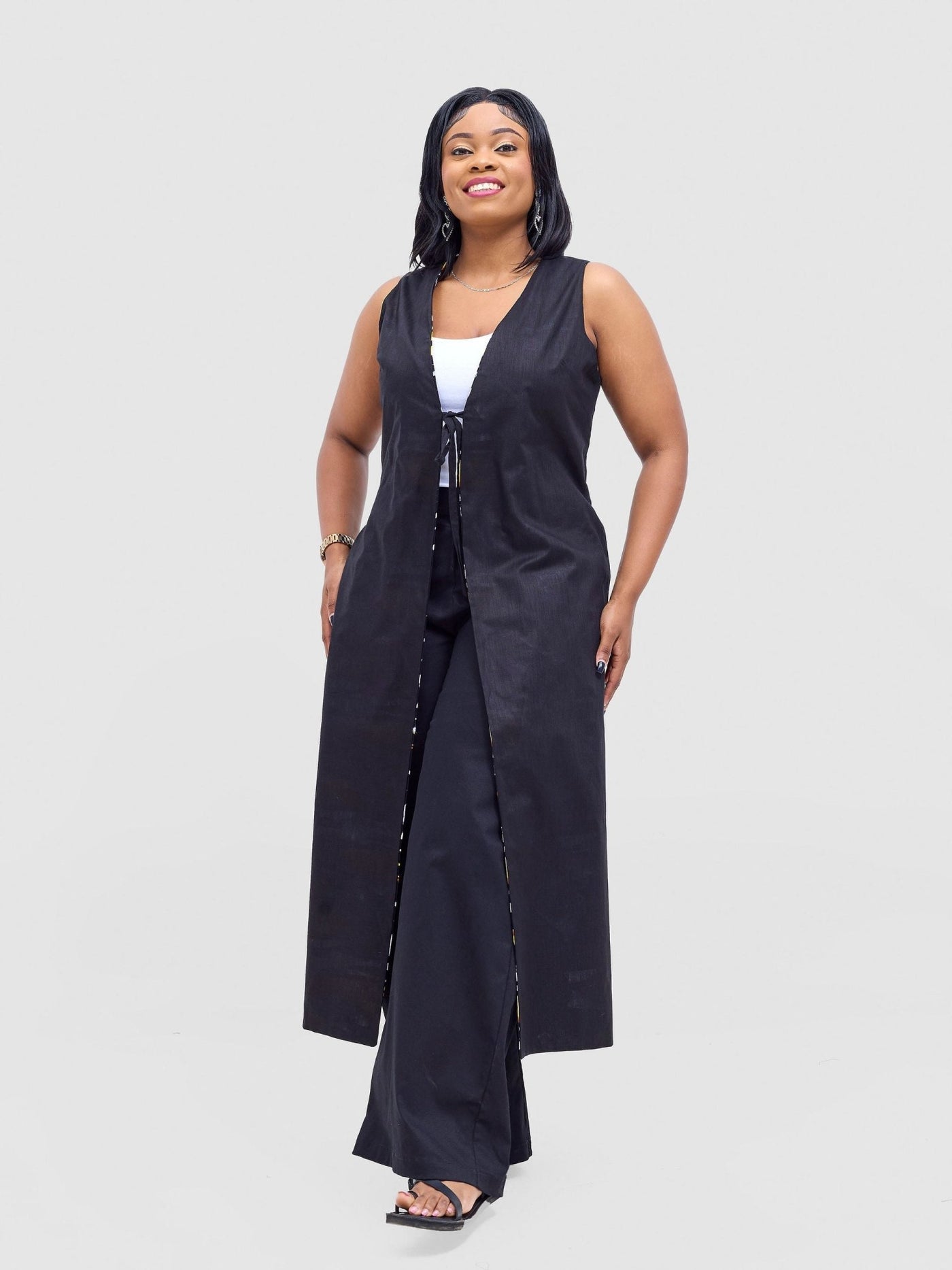 Safari Tiwa Reversible Tie Kimono - Black +Tayo Print - Shopzetu