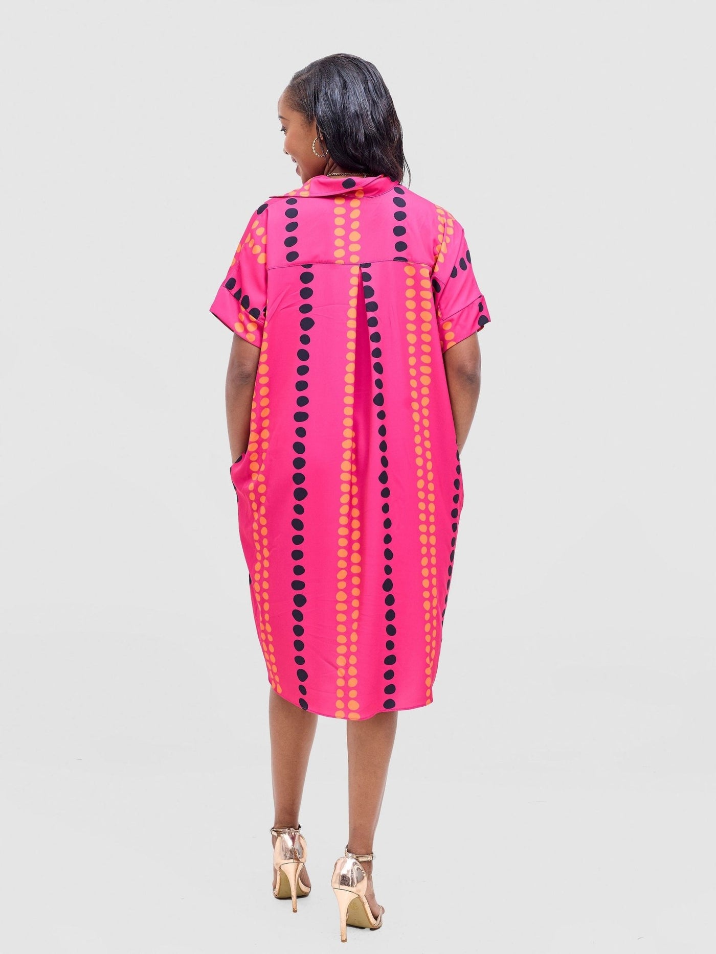 Vivo Reba Drop Shoulder Shirt Dress - Hot Pink / Black Deka Print - Shopzetu