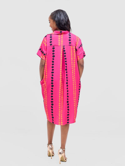 Vivo Reba Drop Shoulder Shirt Dress - Hot Pink / Black Deka Print - Shopzetu