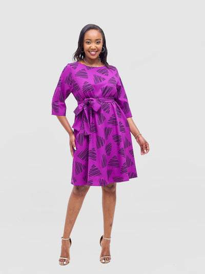 Vivo Laika 3/4 Sleeve Tent Dress - Purple / Black Tuni Print